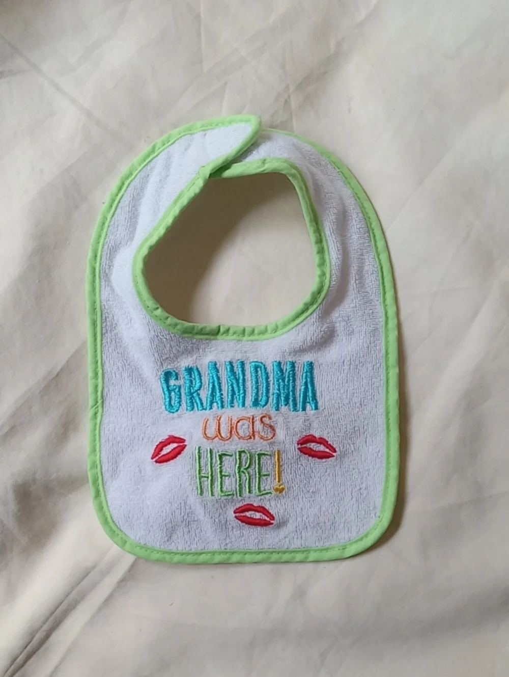 Embroidered 'Grandma Was Here!' Baby Bib - White with Lime Trim